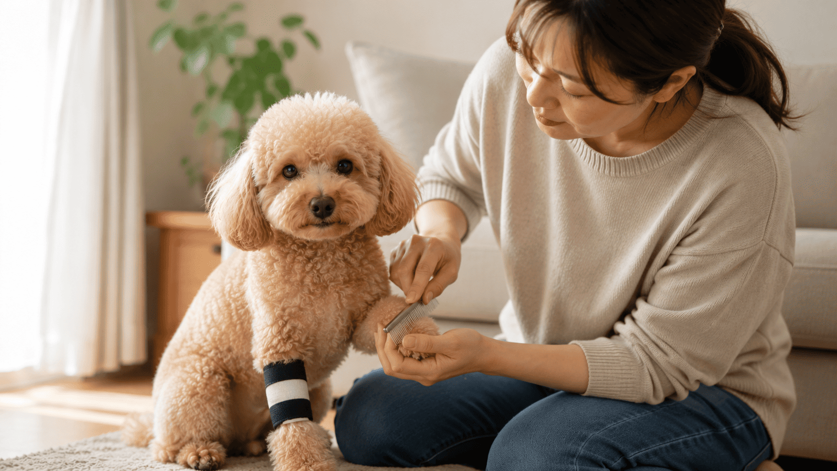 前足にサポーターを着けたトイプードルを飼い主が自宅でブラッシングしている様子。ケガでトリミングに行けない中でも、家庭でできる範囲のお手入れを続けている風景。