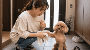 散歩後に玄関で愛犬の足を拭いていた飼い主が、服に付いたマダニらしき虫に気付く様子