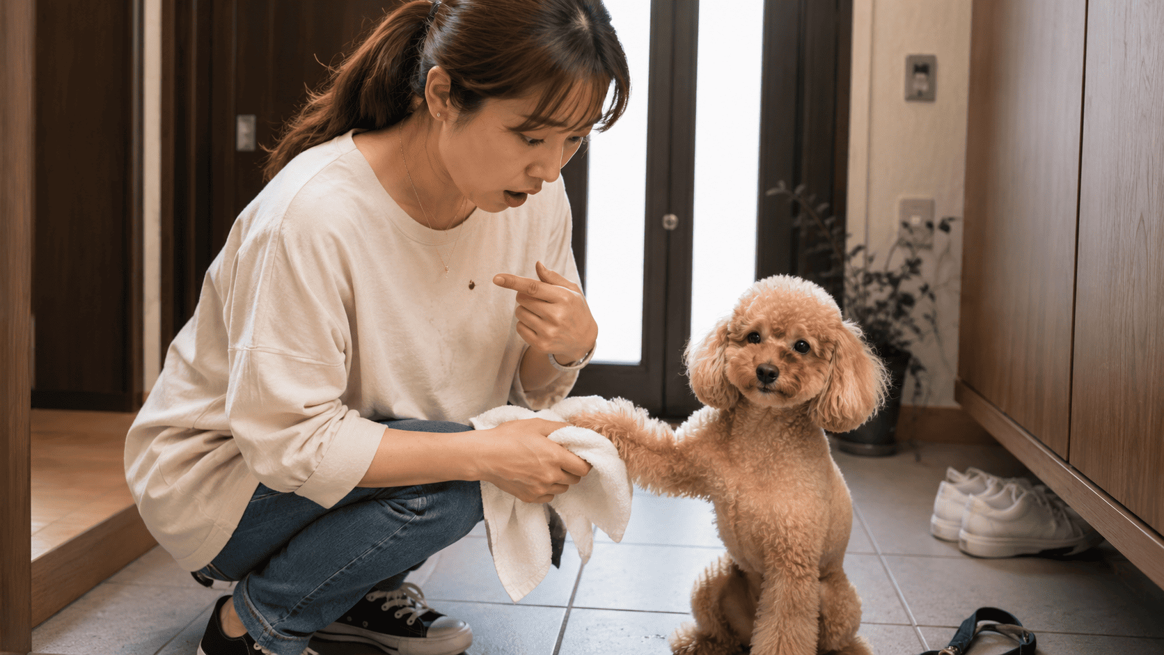散歩後に玄関で愛犬の足を拭いていた飼い主が、服に付いたマダニらしき虫に気付く様子