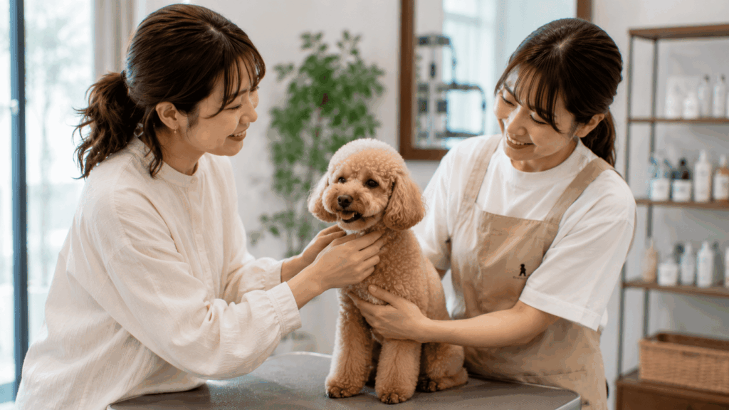 トリミングを終えたトイプードルを囲み、仕上がりを笑顔で確認する飼い主とトリマー