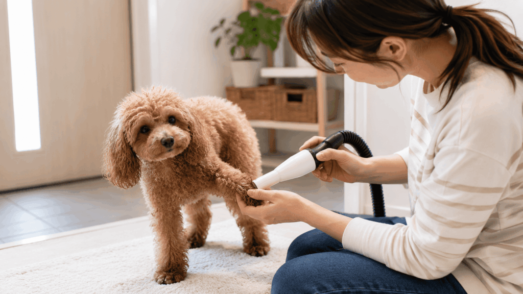 散歩後に足先を洗ったトイプードルを、飼い主がペット用ブロワーで足先だけ乾かしている様子。家庭でできる日常のお手入れのイメージ。