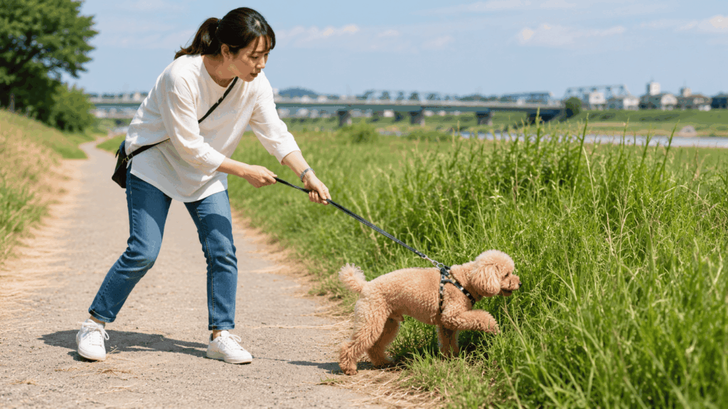 草丈の高い草むらへ入ろうとする愛犬を、飼い主が優しくリードで誘導しながら散歩する様子
