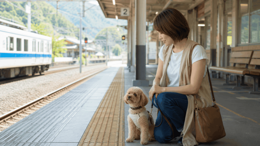 日本の駅ホームで、電車を待つ飼い主とトイプードル。落ち着いて待機する愛犬を、飼い主が優しく見守っている。