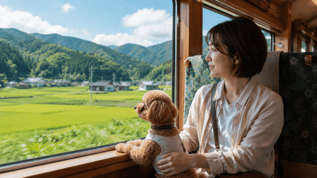 観光列車の窓から夏の田園風景を眺める飼い主とトイプードル。移動時間そのものを楽しむ、穏やかな電車旅の様子。