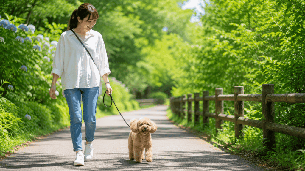 緑豊かな遊歩道で、飼い主とトイプードルが安心した表情で夏の散歩を楽しんでいる様子