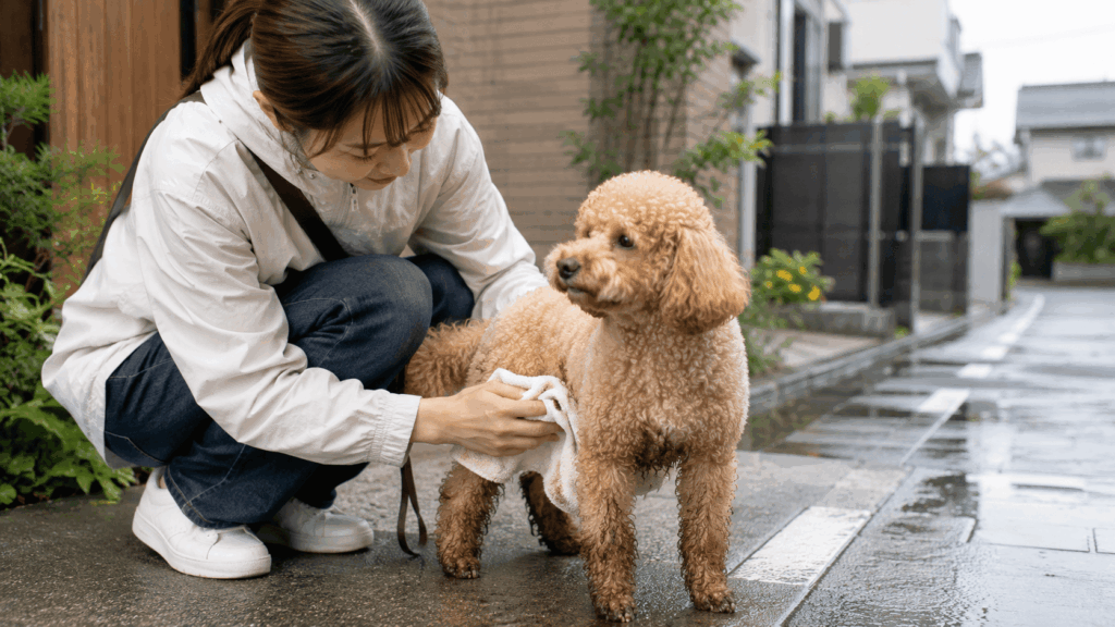 雨上がりの住宅街で、泥に汚れたトイプードルの足やお腹を飼い主がタオルで拭いている様子