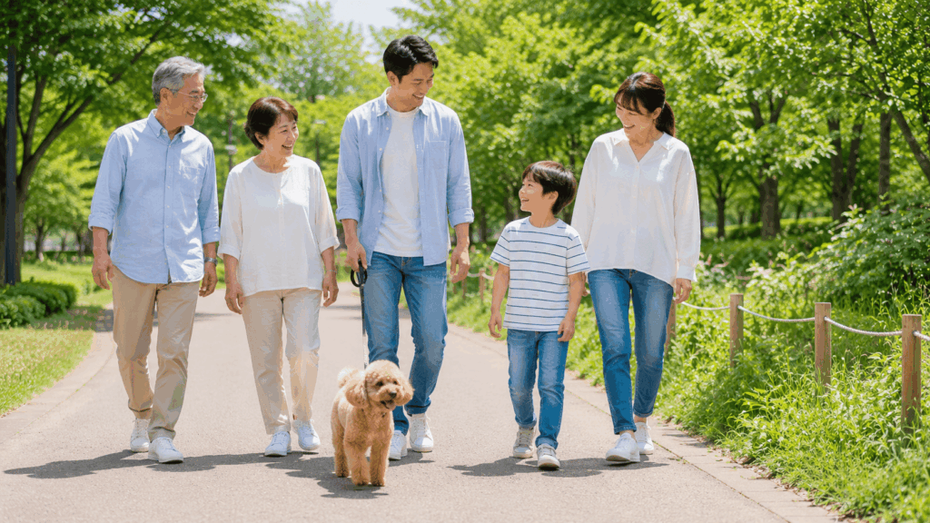 祖父母・父母・子どもが愛犬と一緒に草むらを避けながら散歩し、家族みんなでマダニ対策を意識している様子