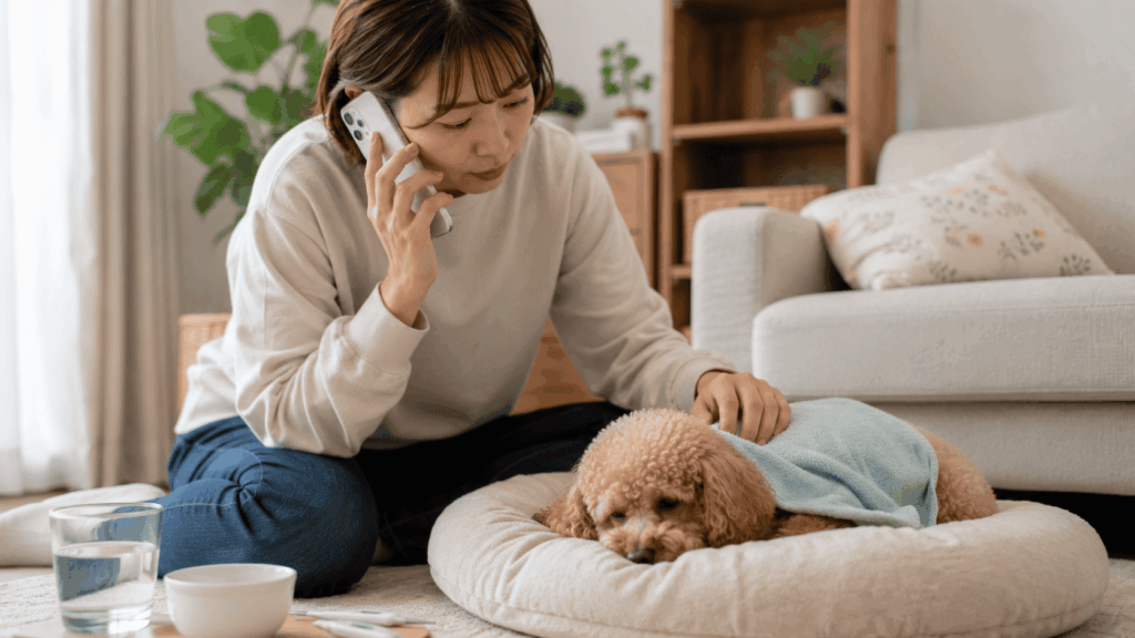 元気がなく横になるトイプードルを見守りながら、飼い主が電話で予約変更を相談している様子