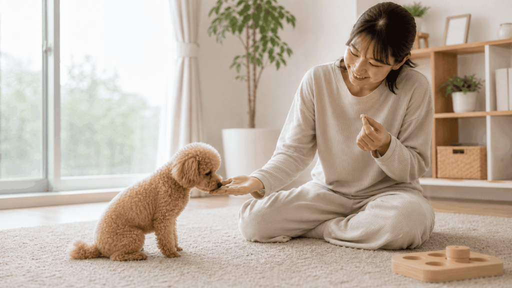 飼い主の手のひらに鼻先でタッチするトレーニングに取り組むトイプードル