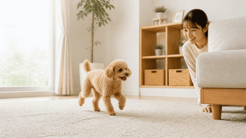 リビングで家具の陰に隠れた飼い主を見つけ、うれしそうに近づくトイプードル