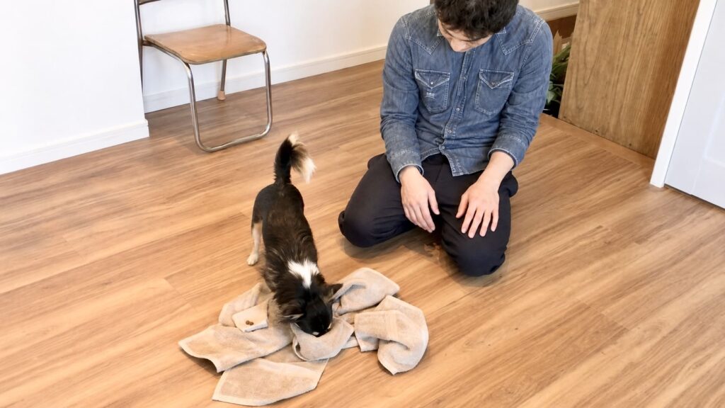 タオルに隠したフードを室内で探す犬