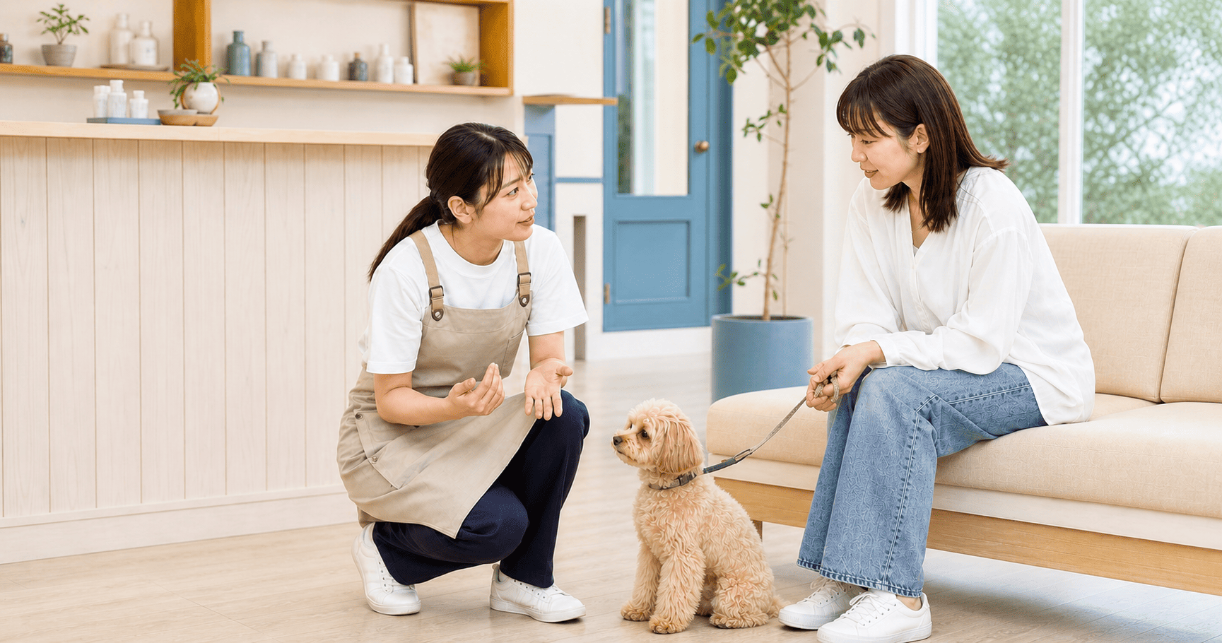 愛犬の行動を観察しながら飼い主さんの相談に応えるトリマー