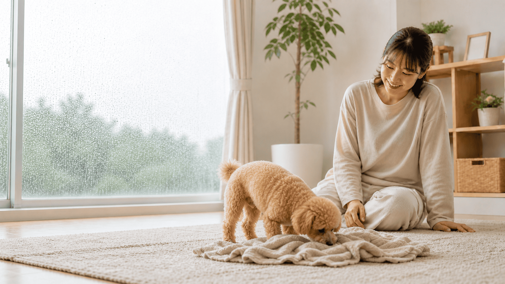 雨の日のリビングで、飼い主に見守られながらタオルのノーズワークを楽しむトイプードル