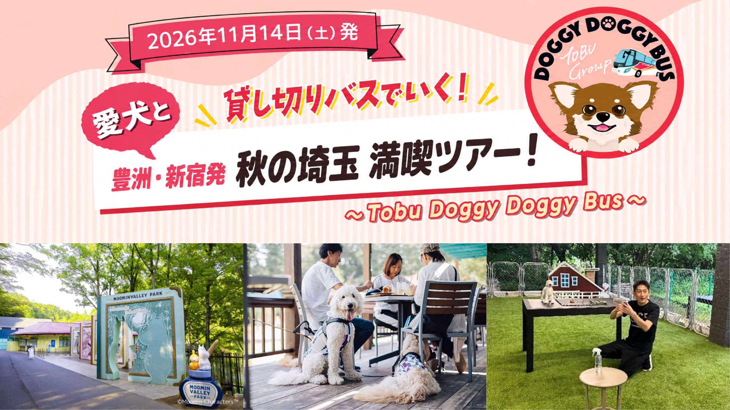 2026年11月14日出発、豊洲・新宿発の愛犬同伴バスツアー「TOBU Doggy Doggy BUS」の告知。ムーミンバレーパークや愛犬と過ごす様子を紹介。