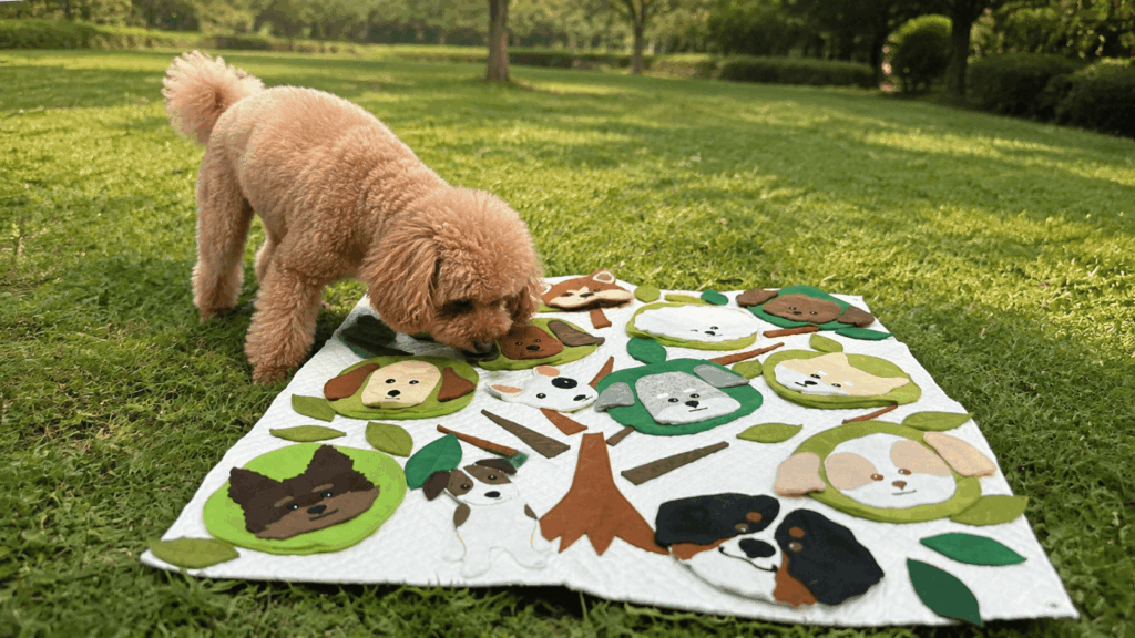 芝生広場で、犬の顔をあしらったノーズワークマットからオヤツを探すトイプードル