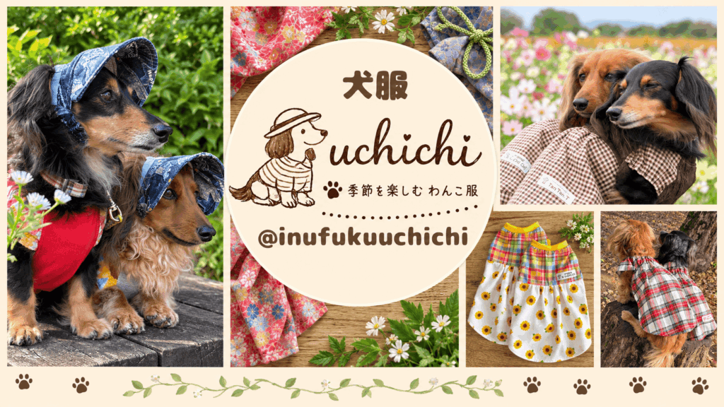 「犬服 uchichi」「季節を楽しむ わんこ服」「@inufukuuchichi」のロゴを中央に大きく配置し、バンダナや洋服を着た2匹のダックスフンド、犬服の写真を周囲に並べたコラージュ。