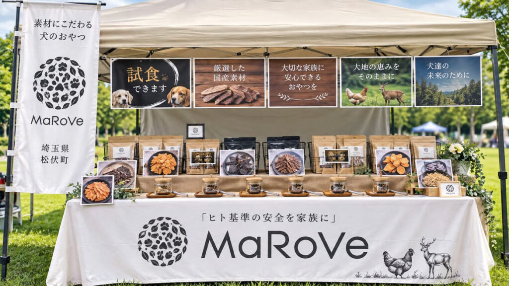 犬用おやつを展示販売するMaRoVeのイベント出店ブース
