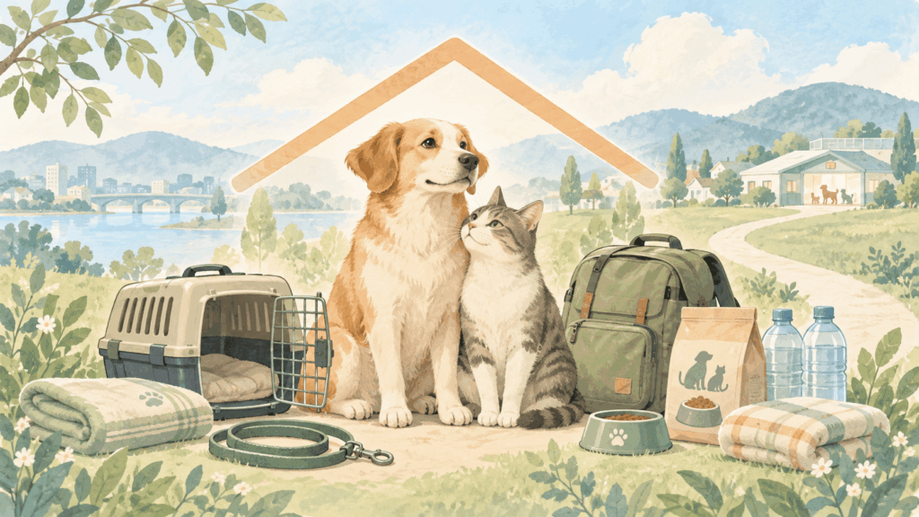 家の屋根をかたどった線の下に寄り添う犬と猫。周囲にキャリー、リュック、水、フード、毛布、リードを配し、ペットとの避難に向けた備えを表現した水彩風イラスト。
