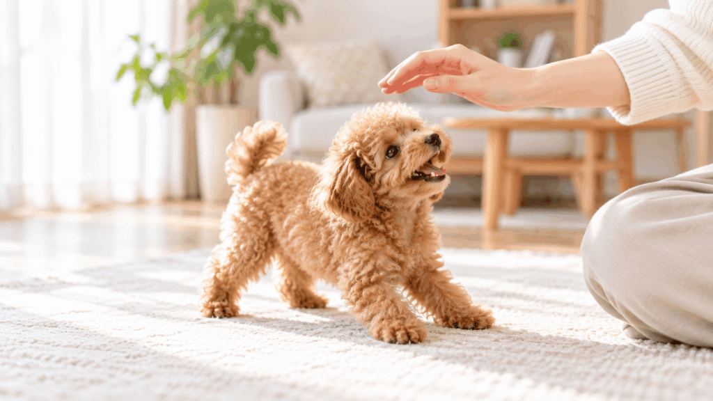 頭上に差し出された飼い主の手を見上げ、口を開けるトイプードルの子犬
