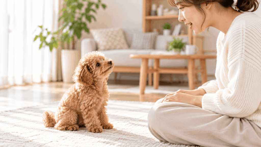 両手を膝に置いて優しく声をかける飼い主と、お座りして顔を見上げるトイプードルの子犬