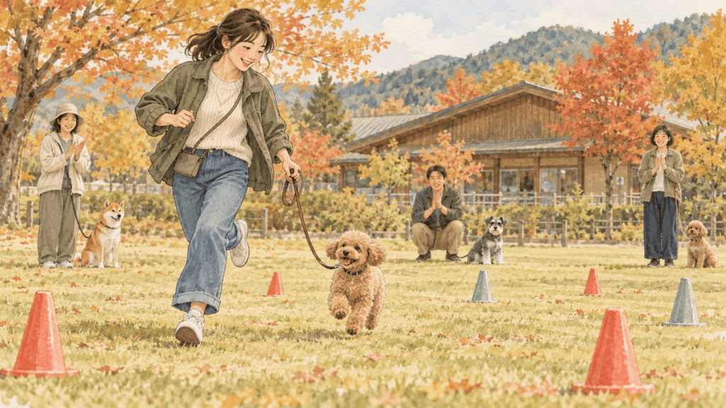 秋の芝生広場で、飼い主とトイプードルが一緒に走り、周囲の参加者が拍手で応援する犬と人の運動会の水彩イラスト。
