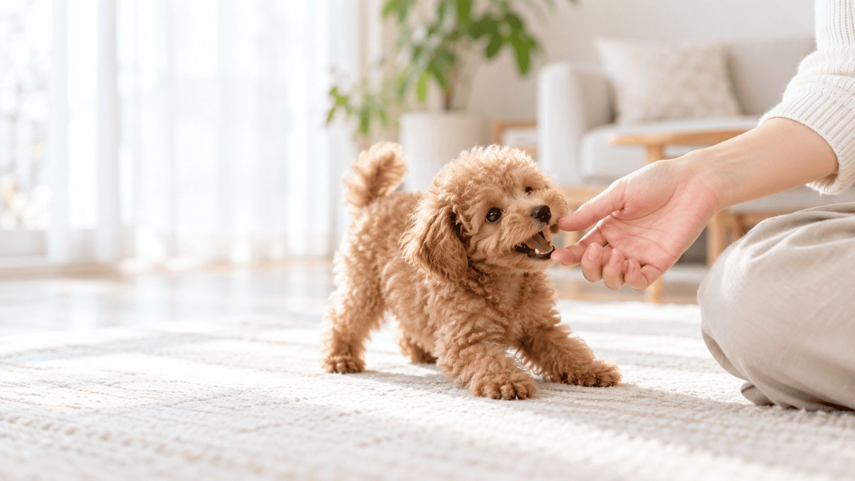 飼い主が差し出した手に、口を開けてじゃれつくトイプードルの子犬